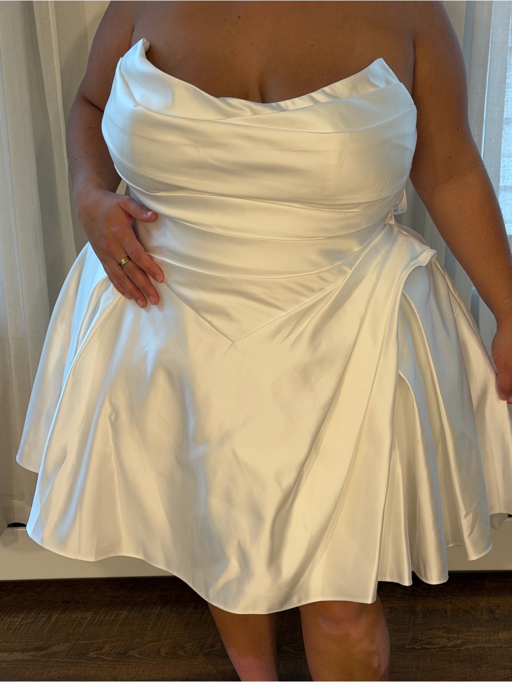 Azazie Strapless White Satin Fit-and-Flare Cocktail Dress